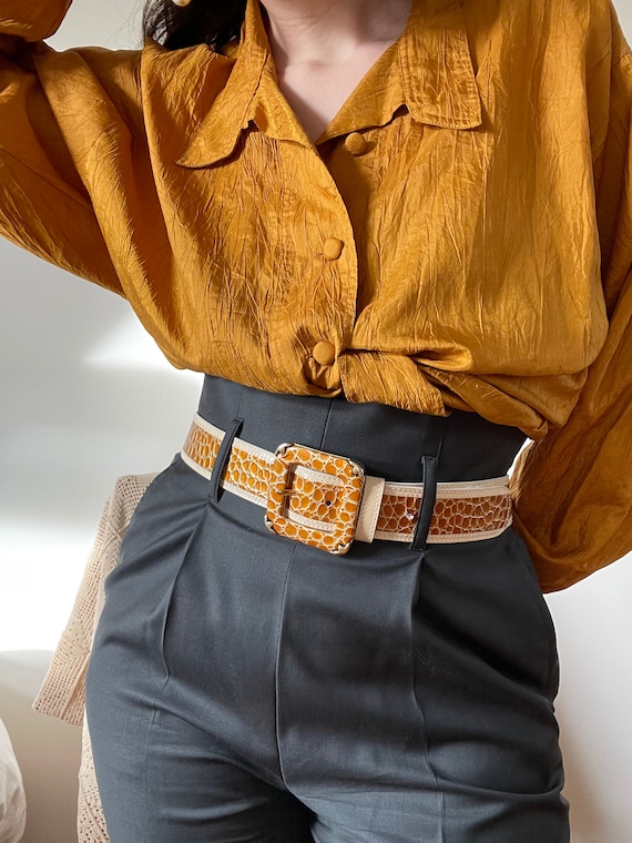 Vintage Croc Leather Belt – 80s Escada Patent Caramel Belt  display picture 1