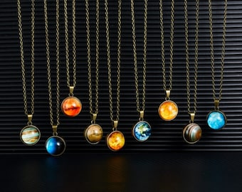 Holiday gift idea, Universe 9 Planets Glass Necklace,  Luminous Necklace, Glowing Pendant, Galaxy Nebula Cosmic Art Jewelry for women or men