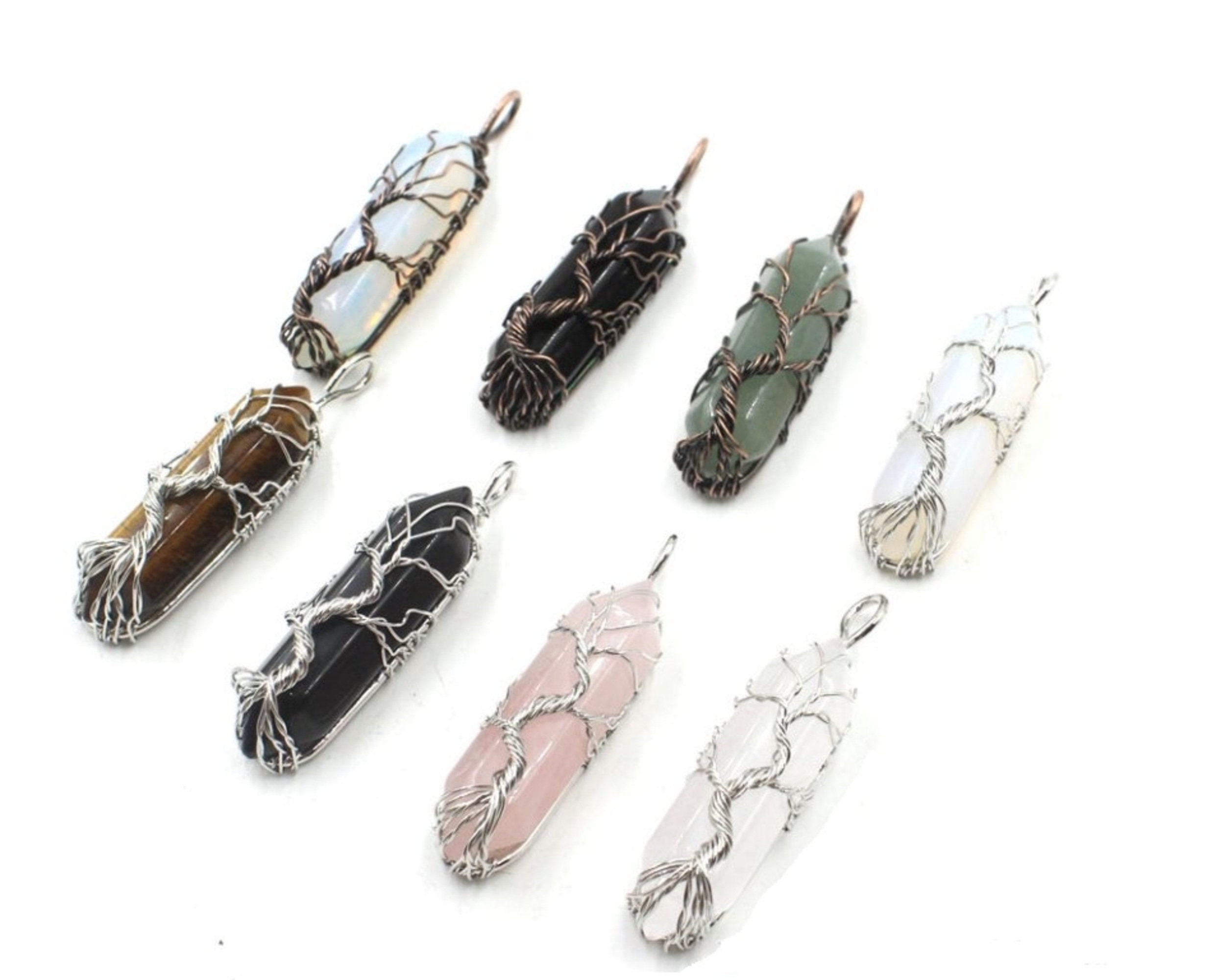 Holiday gift idea, Tree of Life Necklace, Wire Wrapped Crystal, gift Idea for girlfriend or boyfriend, White Opal, Rose Quartz