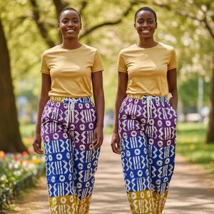May include: Two people wearing mustard yellow t-shirts and patterned pants. The pants feature a geometric design in purple, blue, and yellow. They are walking on a path in a park, wearing white sneakers.