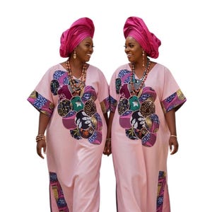 Long Bubu dress, kaftan Bubu with Ankara patches design, sides slit pattern