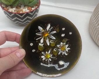 Vintage metal enameled daisies floral trinket dish -signed Esther H Orebaugh