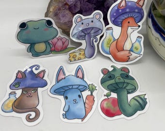 Mushroom animals waterproof vinyl sticker pack - 12pc