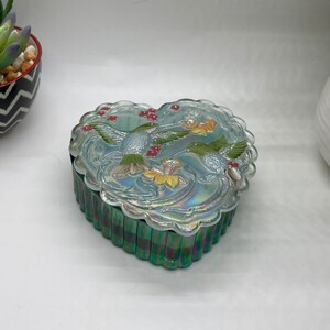 Fenton Hand Painted Iridescent Humming Bird Heart Trinket Box