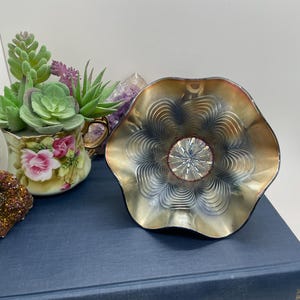 Fenton cobalt blue peacock pattern carnival glass ruffled rim bowl