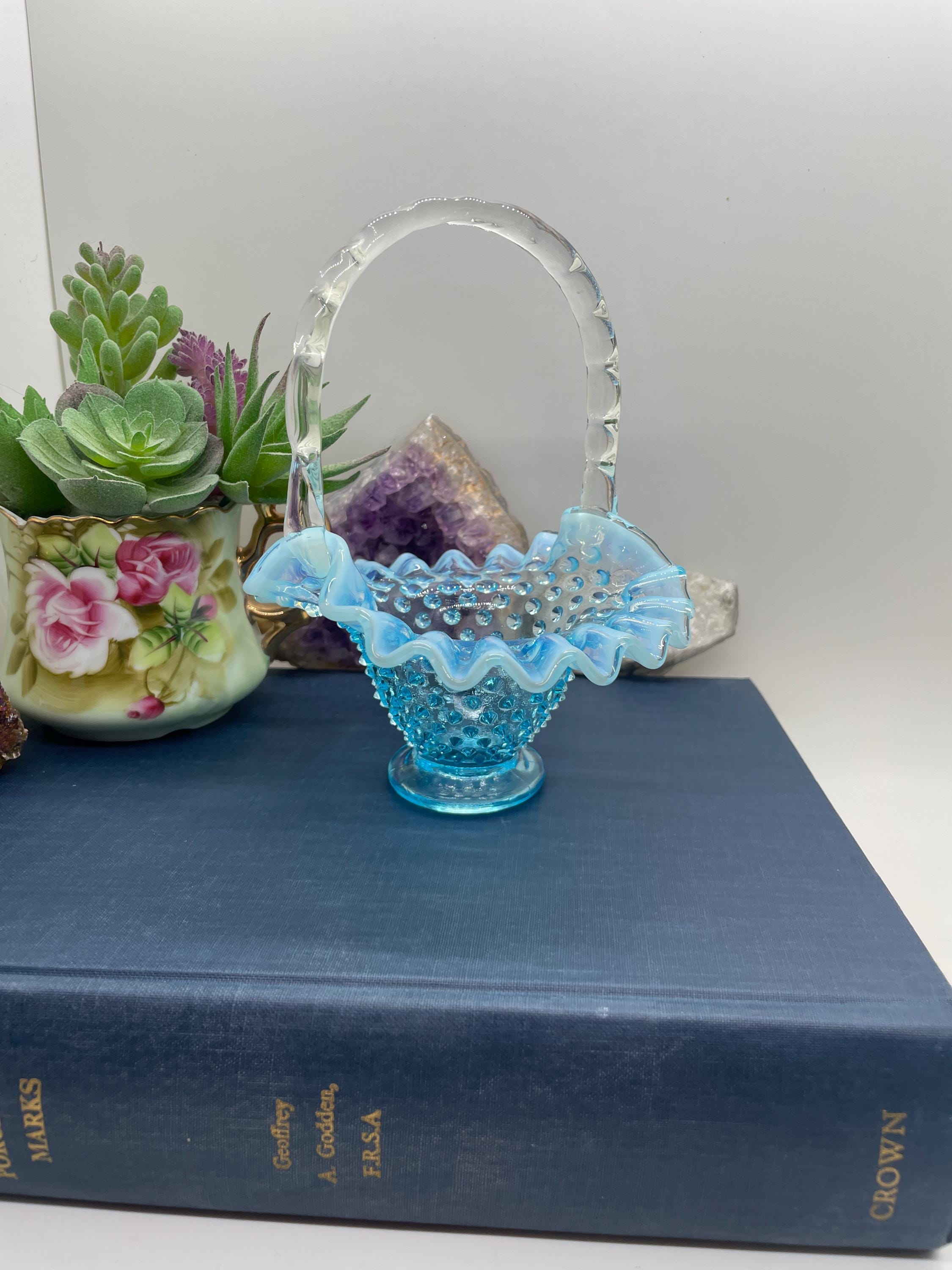 フェントン アクアグリーン デイジー＆ボタン イリデセントグラス ミニバスケット Fenton Mini Basket