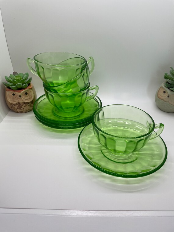 1 Federal Glass Glowing Green Teacup and Saucer Set. Etsy