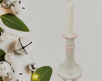 Limoges 1969 Candlestick, Porcelain Candle Holder signed,pink and white enamel, romantic,rare, Vintage votive