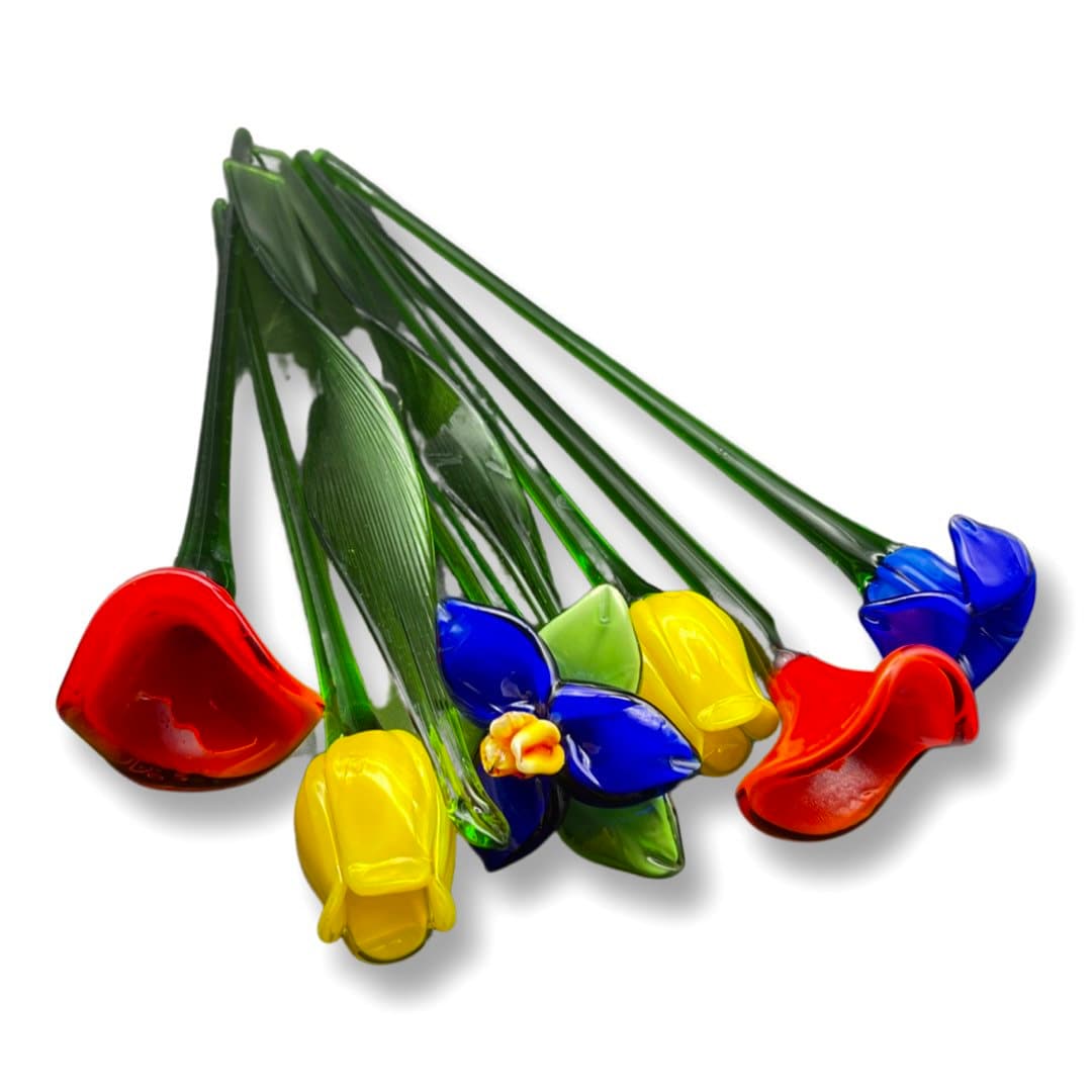 Vintage Blown Glass Flowers Set Long Stem Murano Style Etsy