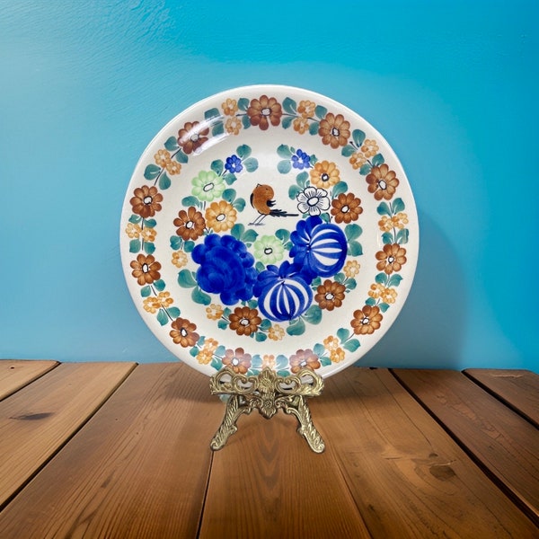 Polish Hand Painted Ceramic Plate / Plaque,  Ptaszek Fajans Ewa Jankowska platter Polish Pottery, Bird and Flower Plate