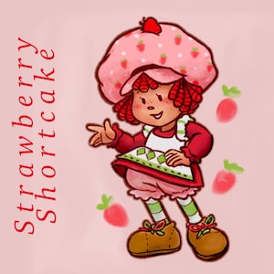 May include: Strawberry Shortcake, a cartoon character with red hair and a pink and white hat, is smiling and waving. She is wearing a red and white dress with a green apron and white stockings. The background is pink with strawberries.