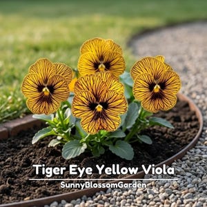May include: A cluster of Tiger Eye Yellow Viola flowers with bright yellow petals featuring dark brown veining and a central dark eye. The text Tiger Eye Yellow Viola and SunnyBlossomGarden is printed in white at the bottom of the image.