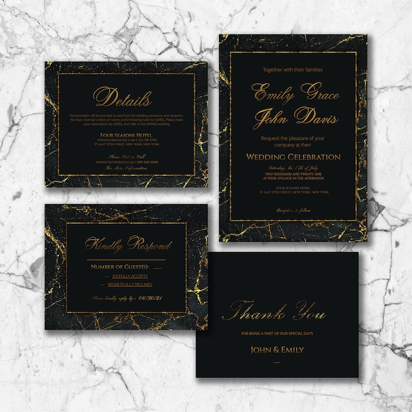 Wedding Invitation Template Set/Bundle, RSVP, Thank You, Details, Black & Gold Marble Style, Editable Printable Instant Download Templett
