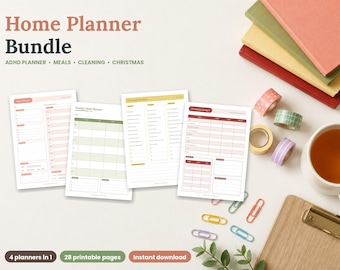 Home Planner Bundle Printable, ADHD Planner, Meal Planner, Cleaning Schedule and Christmas Planner, 28 Pages, A4 and US Letter