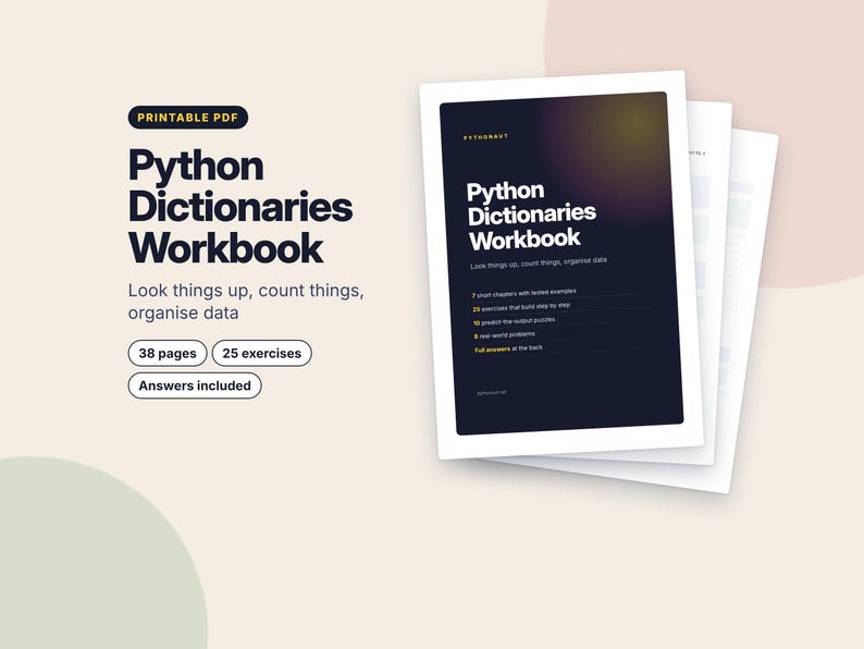 Cahier d'exercices de dictionnaires Python, Fiches d'exercices de programmation imprimables, Exercices Python avec corrigés, Apprendre à coder (PDF), Informatique pour l'enseignement à domicile image 1