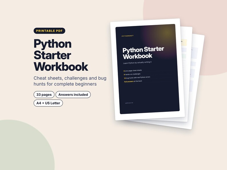 Python Workbook for Beginners, Printable Coding Worksheets, Python Cheat Sheets, Learn to Code PDF, Homeschool Computer Science, Teen Coding image 1