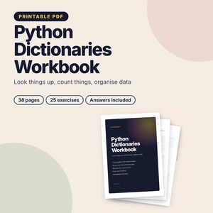 Quaderno di esercizi sui dizionari Python, fogli di lavoro di programmazione stampabili, esercizi di Python con soluzioni, impara a programmare in PDF, informatica per l'istruzione domiciliare