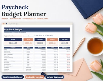 Paycheck Budget Spreadsheet UK, Weekly Fortnightly or Four Weekly Pay Budget Planner, Google Sheets and Excel Budget by Payday