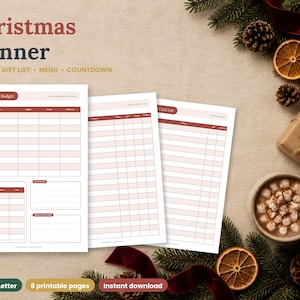 Könnte beinhalten: Ein druckbares Weihnachtsplaner-Set mit drei Seiten in rot-weißen Rasterlayouts für Budgets und Listen. Der Text lautet Christmas Planner, Budget, Gift List, Menu, Countdown und Christmas Budget. Die Seiten liegen auf einer Oberfläche.