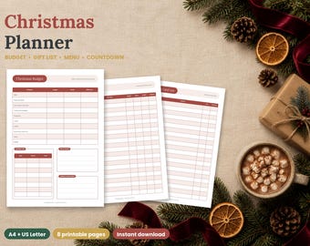 Christmas Planner Printable, Budget, Gift List, Dinner Menu (A4 + Letter PDF)