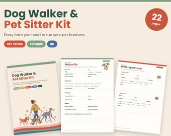 Dog Walker and Pet Sitter Business Forms UK, Editable Pet Sitting Contract, Client Intake, Walk Report Card, Invoice, Digital and Printable
