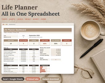 Life Planner Spreadsheet, All in One Google Sheets and Excel Template, To Do List, Habit Tracker, Goal Planner, Meal Planner and Budget