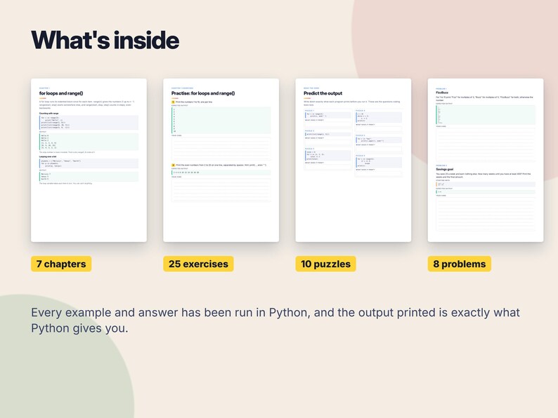 Arbetsbok för Python-loopar, utskrivbara kodningsblad, Python-övningar med svar, lära sig koda i PDF-format, hemundervisning i datavetenskap bild 2