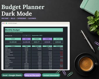 Budget Planner Dark Mode, Monthly Budget Spreadsheet for Google Sheets and Excel, Income Bills Spending and Savings Tracker UK