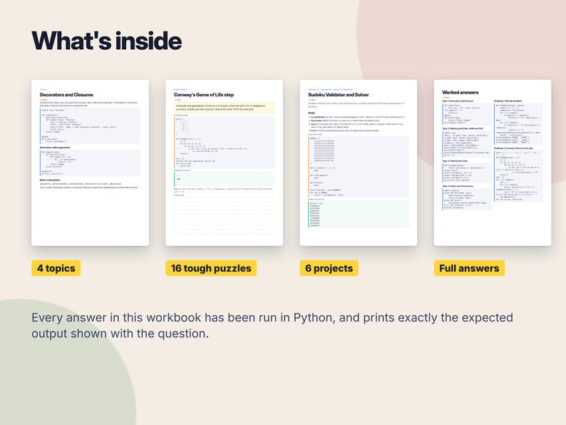 Libro de ejercicios avanzado de Python, rompecabezas de algoritmos y proyectos de codificación en PDF, práctica para entrevistas de trabajo en Python, ejercicios de programación con respuestas. imagen 2