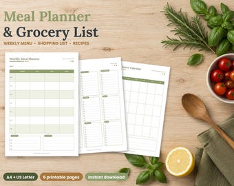 Weekly Meal Planner & Grocery List, Monthly Dinner Calendar, Recipe Card (PDF)