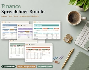 Finance Spreadsheet Bundle, Budget Planner, Debt Tracker, Bill Tracker, Bookkeeping and Reseller Tracker, Google Sheets and Excel