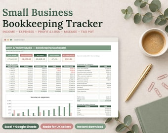 UK Small Business Bookkeeping Spreadsheet, Income Expense Tracker, Profit Loss (Digital Download)