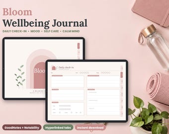 Bloom Digital Wellbeing Journal, Self Care Mood Tracker (PDF Download)