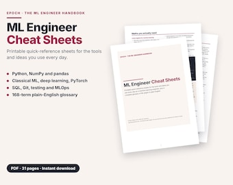 Arkusze ściągawek dla inżynierów uczenia maszynowego w formacie PDF, Python NumPy pandas PyTorch SQL MLOps Reference, słownik ML, przewodnik do nauki o danych