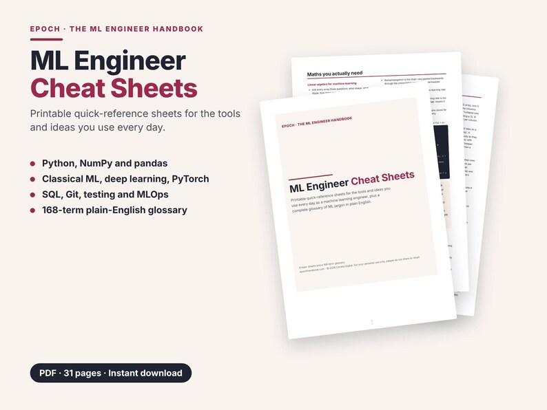 Pode incluir: Um conjunto de folhas de refer&ecirc;ncia imprim&iacute;veis ML Engineer Cheat Sheets da Epoch, com 31 p&aacute;ginas de refer&ecirc;ncias t&eacute;cnicas para Python, NumPy, pandas, deep learning, PyTorch, SQL, Git e MLOps, incluindo um gloss&aacute;rio de 168 termos em PDF.