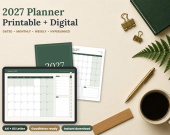 2027 Planner Printable and Digital, Dated Monthly and Weekly Planner, Hyperlinked for GoodNotes and Notability, A4 and US Letter PDF