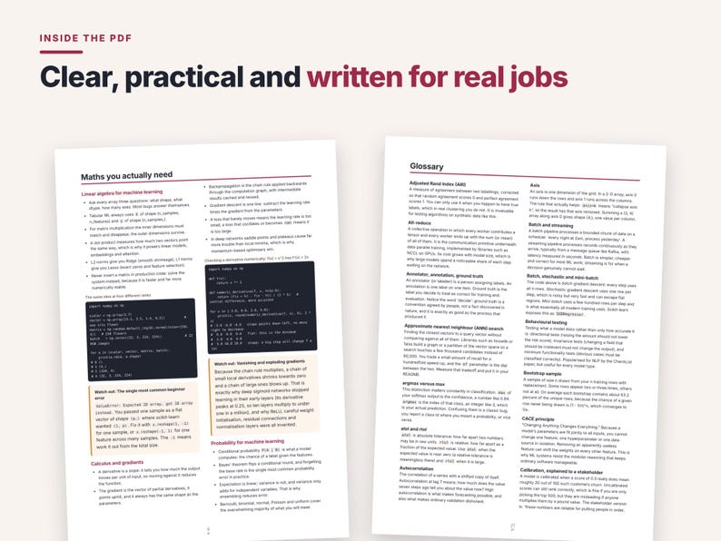 Pode incluir: Duas p&aacute;ginas de um documento t&eacute;cnico intitulado Inside the PDF, Clear, practical and written for real jobs. A p&aacute;gina esquerda cobre matem&aacute;tica necess&aacute;ria, incluindo trechos de c&oacute;digo. A direita apresenta um gloss&aacute;rio.
