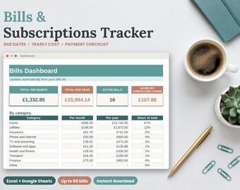 Bill Subscription Tracker Spreadsheet, Monthly Payment Organizer (Digital Download)