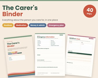 Carer's Binder UK, Printable and Fillable Care Planner, Emergency Information, Medication Chart, Handover Sheet, Family Carer Organiser