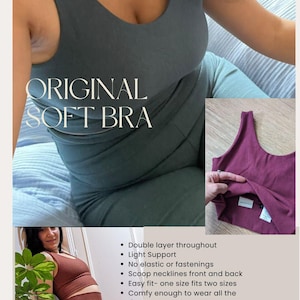 May include: A dark green soft bra with a scoop neckline, front and back. The garment features a double-layer construction, no elastic or fastenings, and is made of 280gsm Tencel, cotton, and spandex French terry. Text reads: ORIGINAL SOFT BRA.