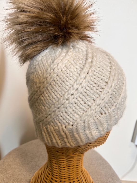Hand Knit Merino Wool Beanie: Removable Faux Fur Pompom - Etsy display picture 1
