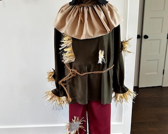 May include: A complete scarecrow costume displayed on a black stand. The costume includes a black hat, tan collar, and a dark green shirt with straw accents. The pants are burgundy with straw patches and accents at the ankles.