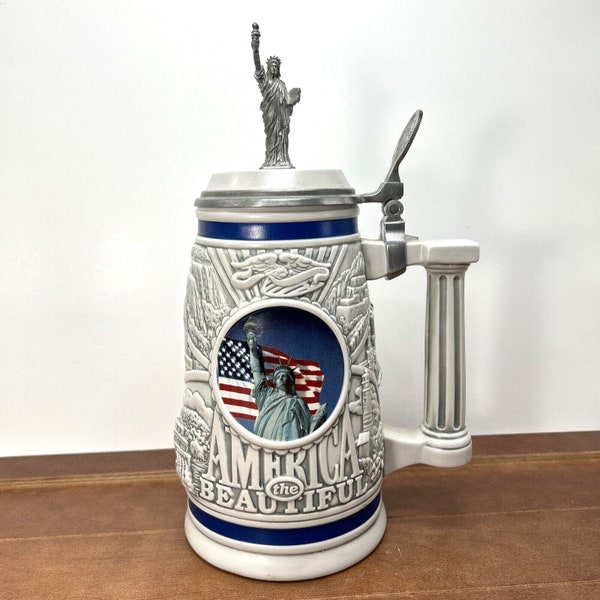 1998 Avon America the Beautiful Large Beer Stein Mug Pewter, Statue of Liberty