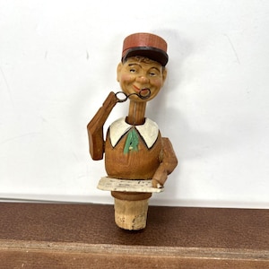 Vintage Anri Italy Wood Wine Bottle Stopper Cork Man Glasses Reading Mechanical