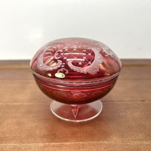 Vintage Cranberry Cut Glass Footed Covered Candy Dish Bowl West Germany