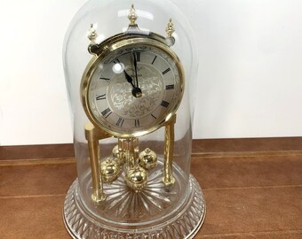 Bulova Anniversary Gold Tone Clock Glass Dome Crystal Base, Made In Germany