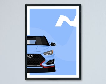 Illustration de voiture d’art Hyundai Veloster N imprimée sur du papier blanc mat - les 6 vraies couleurs extérieures