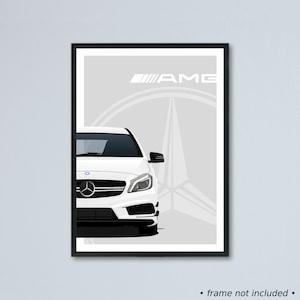 Illustrazione Mercedes A 45 AMG W176 stampata su carta bianca opaca - tutti i colori esterni reali con personalizzazione | Benz Classe A