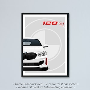 Illustrazione della BMW 128ti F40 stampata su carta bianca opaca - tutti i colori esterni con personalizzazione | Stampa poster serie 1er M135i