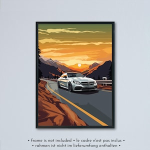 Mercedes-AMG C 63 Coupé C205 W205 al tramonto - illustrazione stampata su carta bianca opaca - tutti i colori esterni | poster arte auto